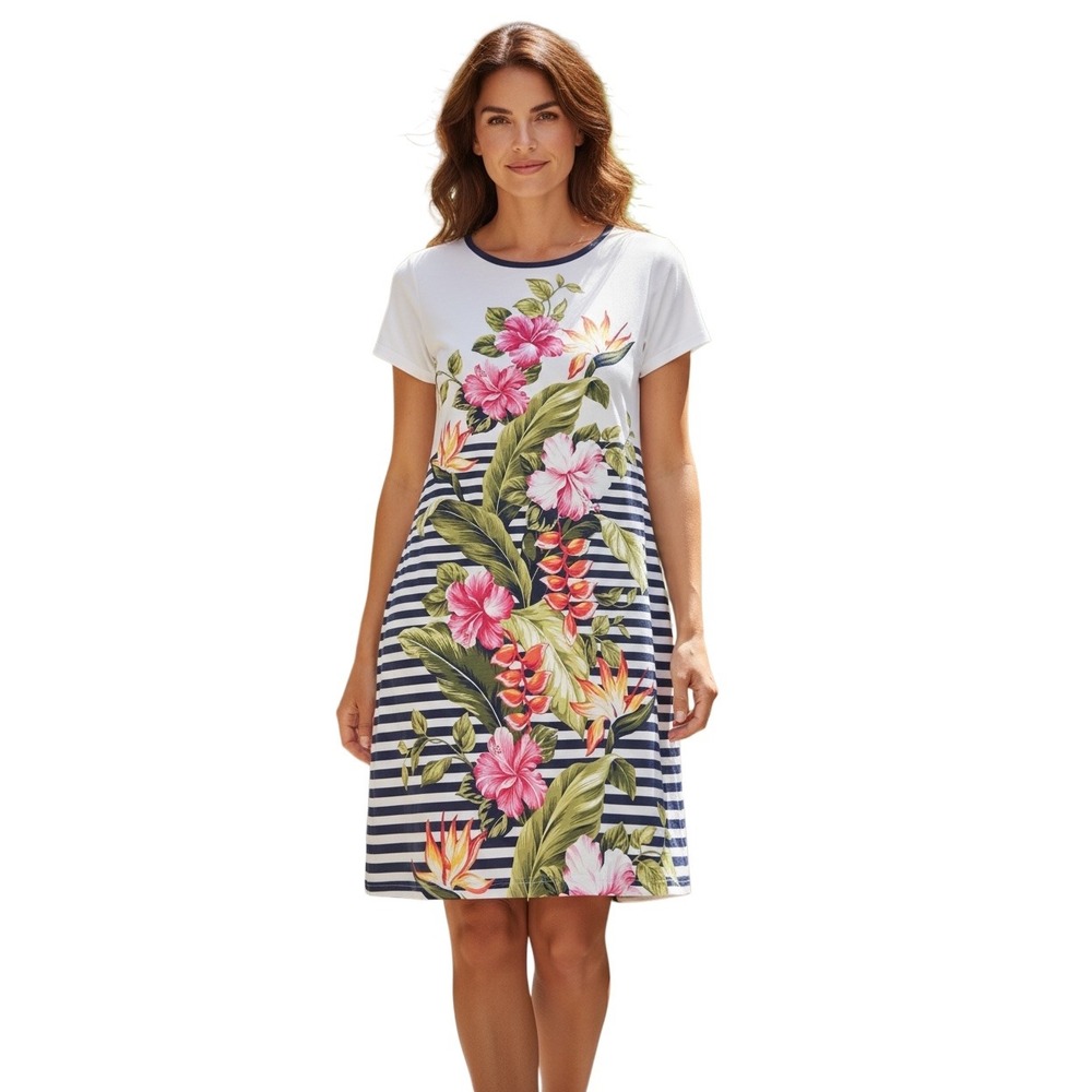 Tommy Bahama Kahuna Cascade Floral Stripe Dress White Navy Size M